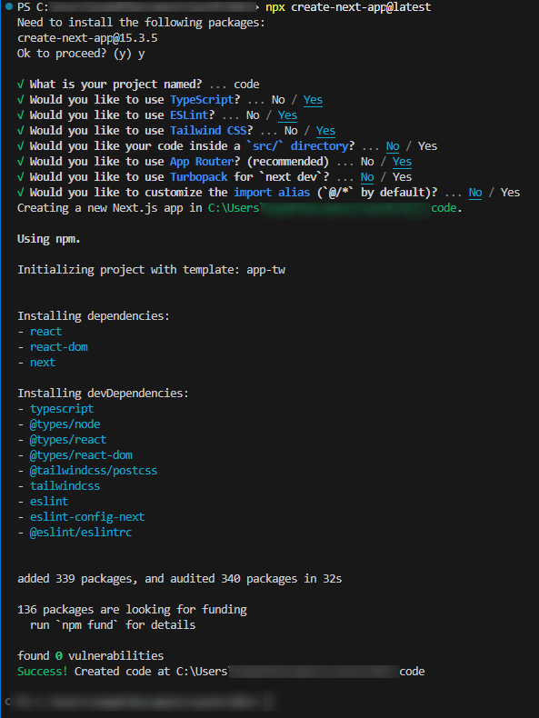 npx create-next-app@latest 実行後に出てくる対話コマンド